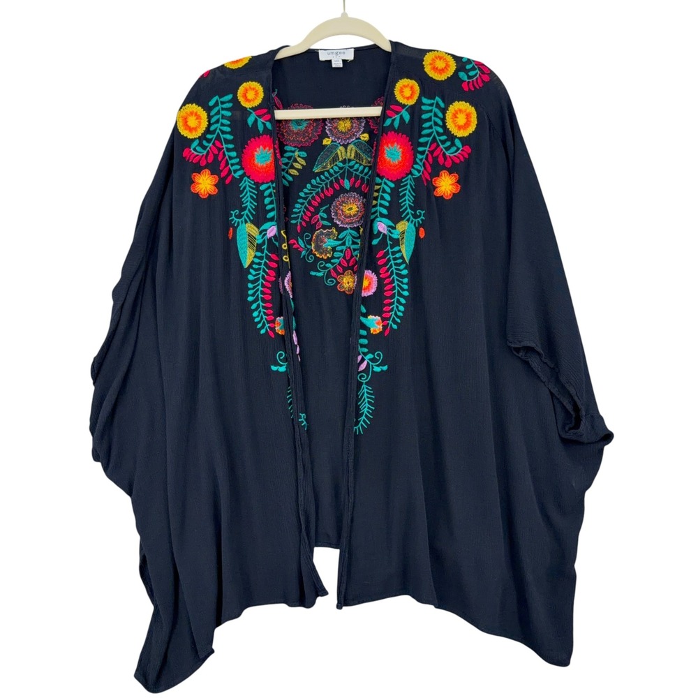 Umgee Kimono Cardigan Womens M/L Cotton Blend Black Floral Embroidered A3441
